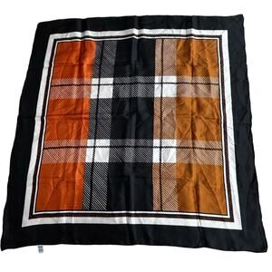 Vintage 1990's 100% silk scarf black creamy white & chocolate/rust brown plaid